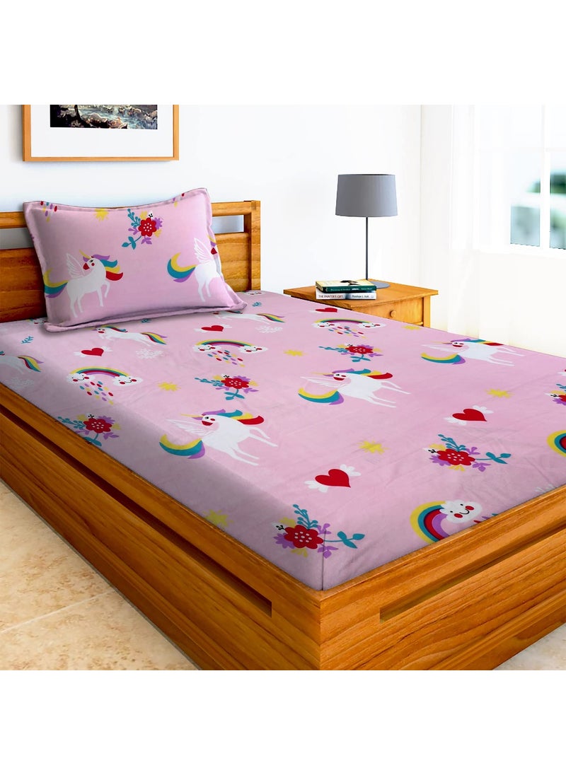 AEROHAVEN 180TC Glace Cotton Cartoon Flat Single Bedsheet with 1 King Size Pillow Cover GCB13 Pink