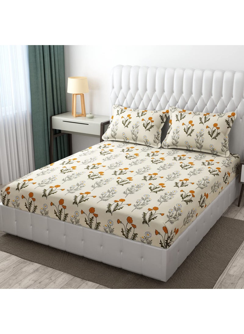Castiqa Elastic Fitted Supersoft Premium Brushed Cotton 200Tc King Size Bedsheets With 2 Pillow Covers Fits Upto Mattress Of 10 Inches King 72X78 Cream Orchid Floral