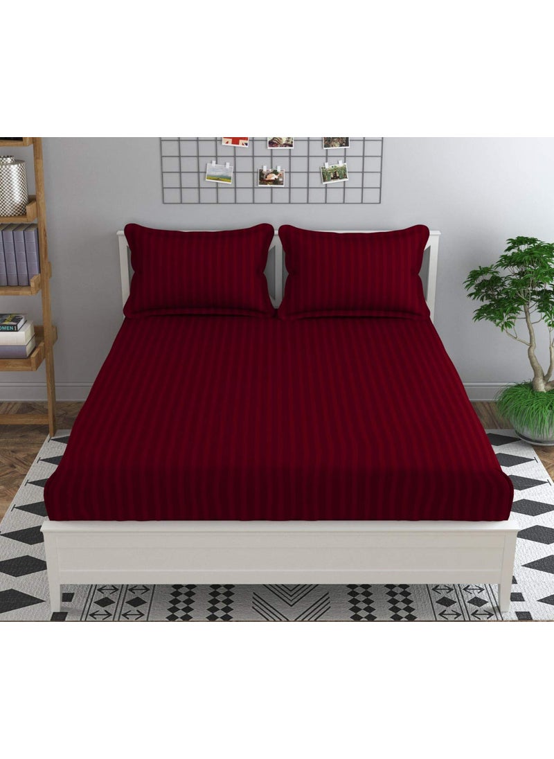 Fablicious Glace Cotton Plain Satin Stripe Elastic Fitted King Size Bedsheet with 2 Pillow Covers for 72x72x6 Inch Mattress Maroon