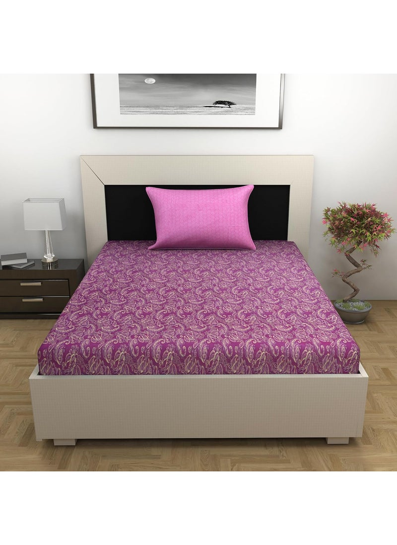 Divine Casa Pure Cotton Single Bed Bedsheet with 1 Pillow Covers Soft Breathable and Comfortable 223 x 145 CM Royal Paisley Pattern Purple Gold
