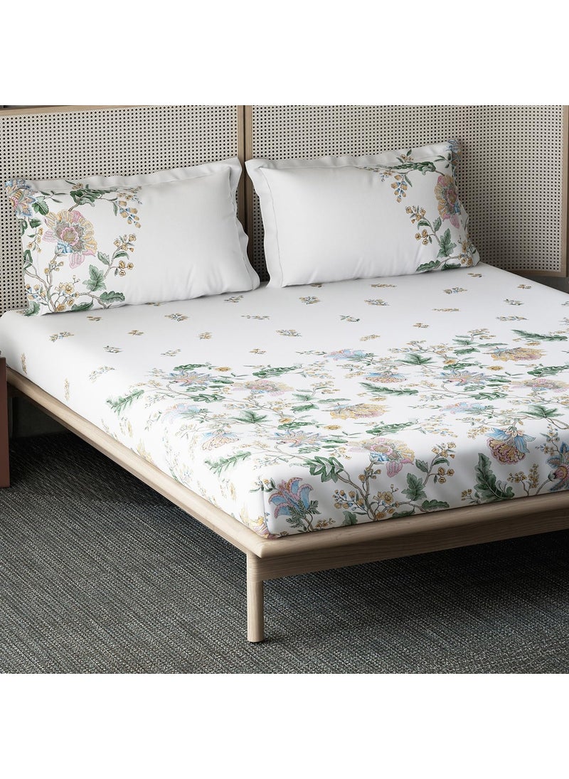Ddecor Bedsheet Set Jacobean Garden Collection 100 Cotton Bedsheet for Double Bed Floral 145 TC King Bedsheet with 2 Pillow Covers White