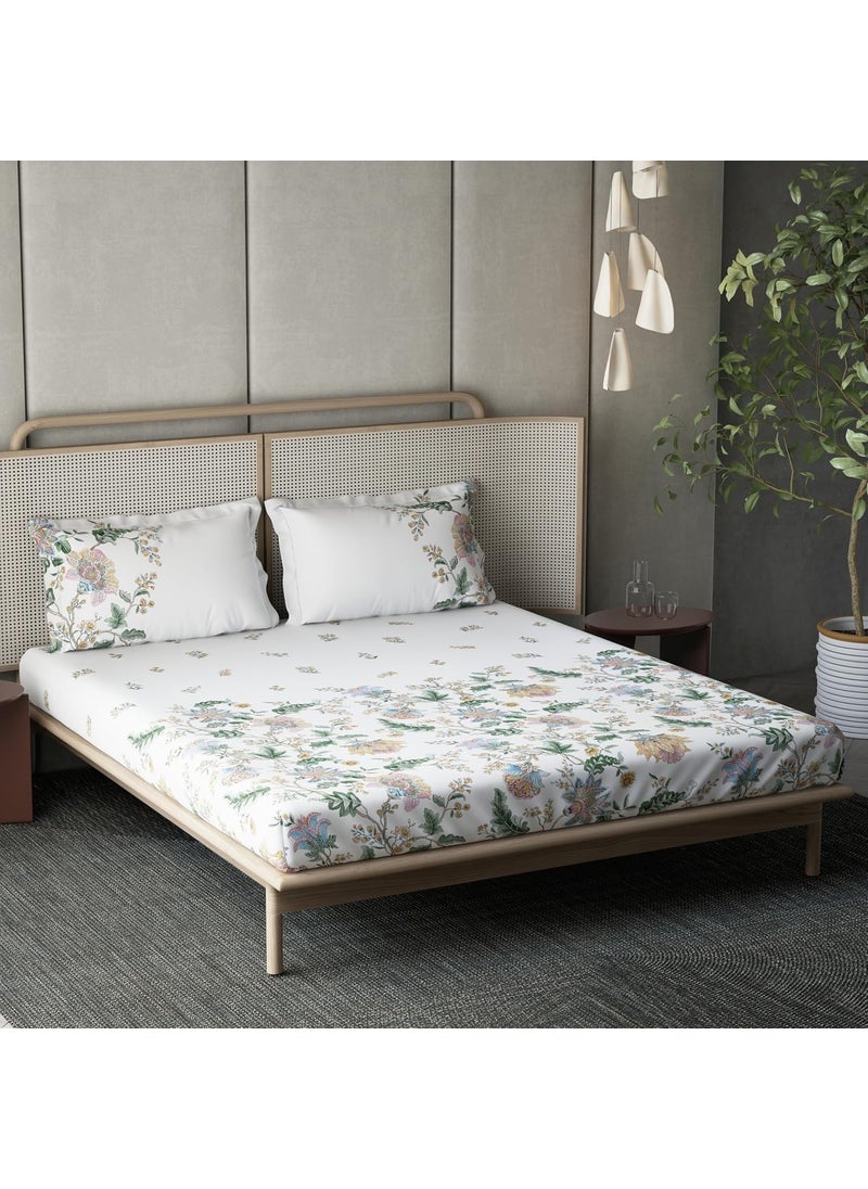 Ddecor Bedsheet Set Jacobean Garden Collection 100 Cotton Bedsheet for Double Bed Floral 145 TC King Bedsheet with 2 Pillow Covers White