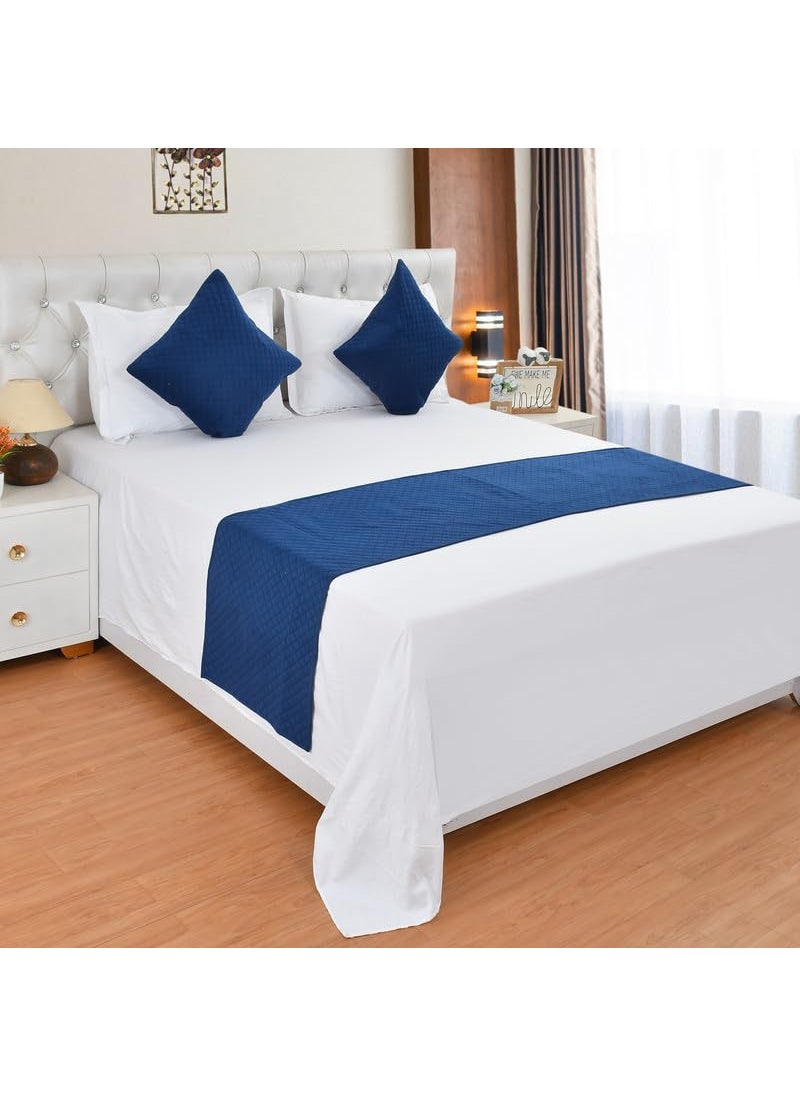 YUKU Glace Cotton White Double Bedsheet with 2 Pillow Covers 200TC Solid Quilted Velvet Bed Runner Scarf with Matching Cushion Covers for BedroomsHotel RoomsGuest Rooms Navy Blue