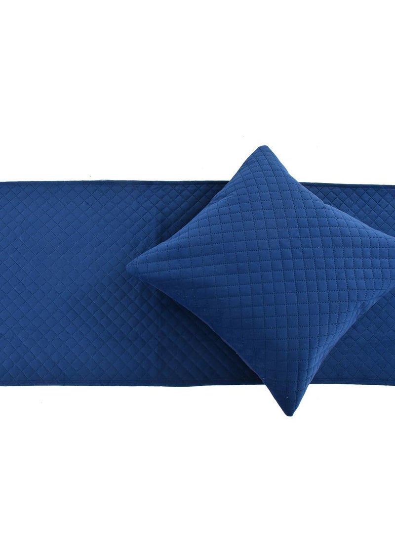 YUKU Glace Cotton White Double Bedsheet with 2 Pillow Covers 200TC Solid Quilted Velvet Bed Runner Scarf with Matching Cushion Covers for BedroomsHotel RoomsGuest Rooms Navy Blue