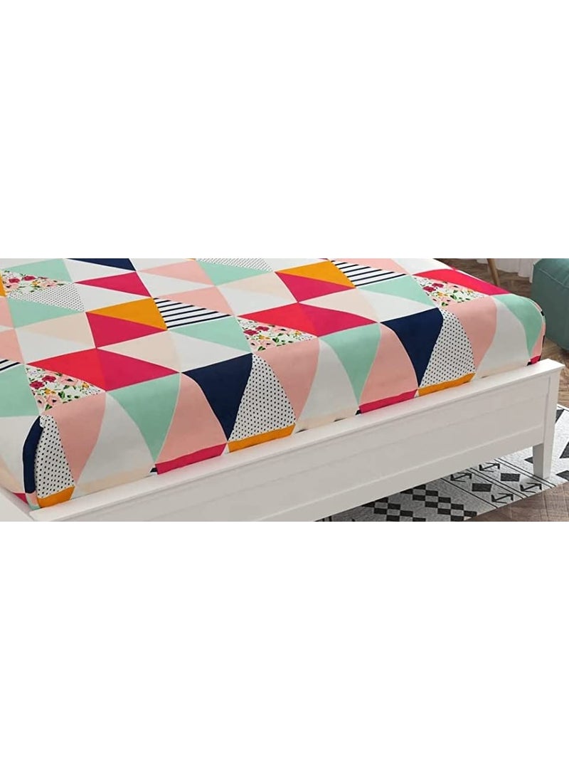 THE HOME STYLE Cotton Feel Glace Cotton Elastic Fitted All Around Elastic Printed King Size Double Bed Bedsheet with 2 Pillow Cover 72x78 Multicolor Geometric