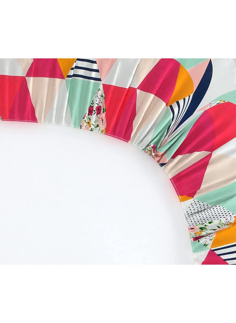 THE HOME STYLE Cotton Feel Glace Cotton Elastic Fitted All Around Elastic Printed King Size Double Bed Bedsheet with 2 Pillow Cover 72x78 Multicolor Geometric