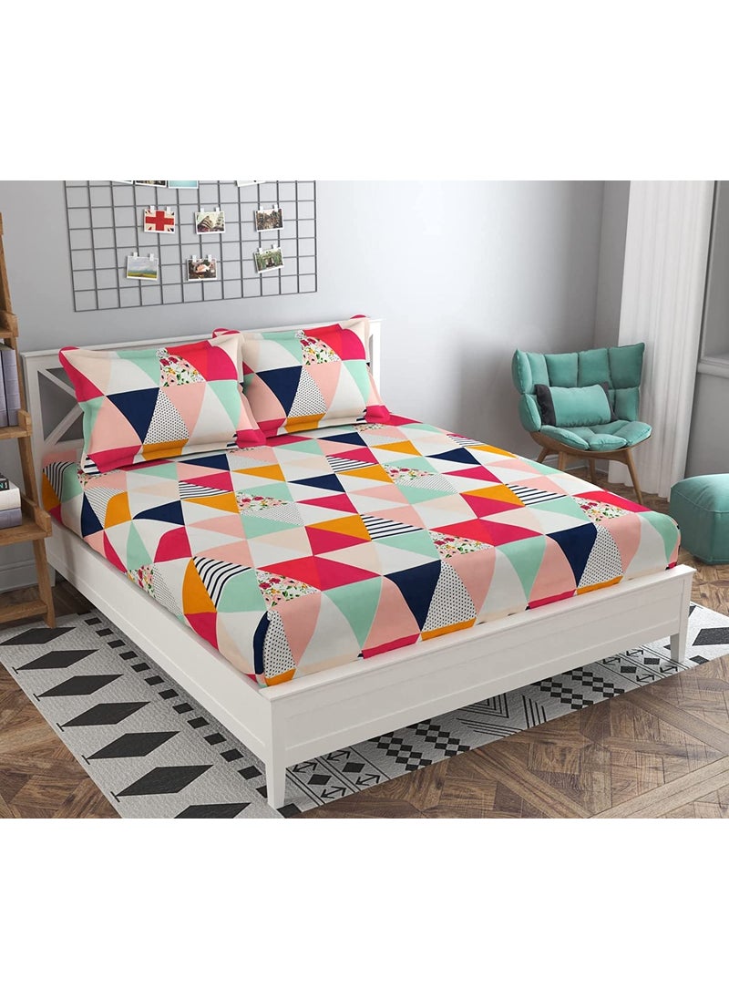 THE HOME STYLE Cotton Feel Glace Cotton Elastic Fitted All Around Elastic Printed King Size Double Bed Bedsheet with 2 Pillow Cover 72x78 Multicolor Geometric