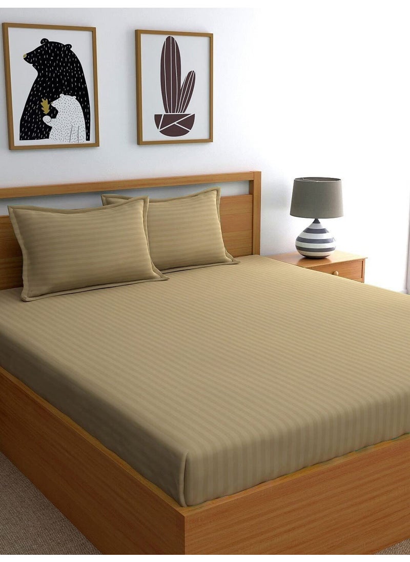 STARNSTYLE Microfiber Premium Elastic Fitted Striped Bedsheet with 2 Pillow Covers 78 x 72 King Size Beige
