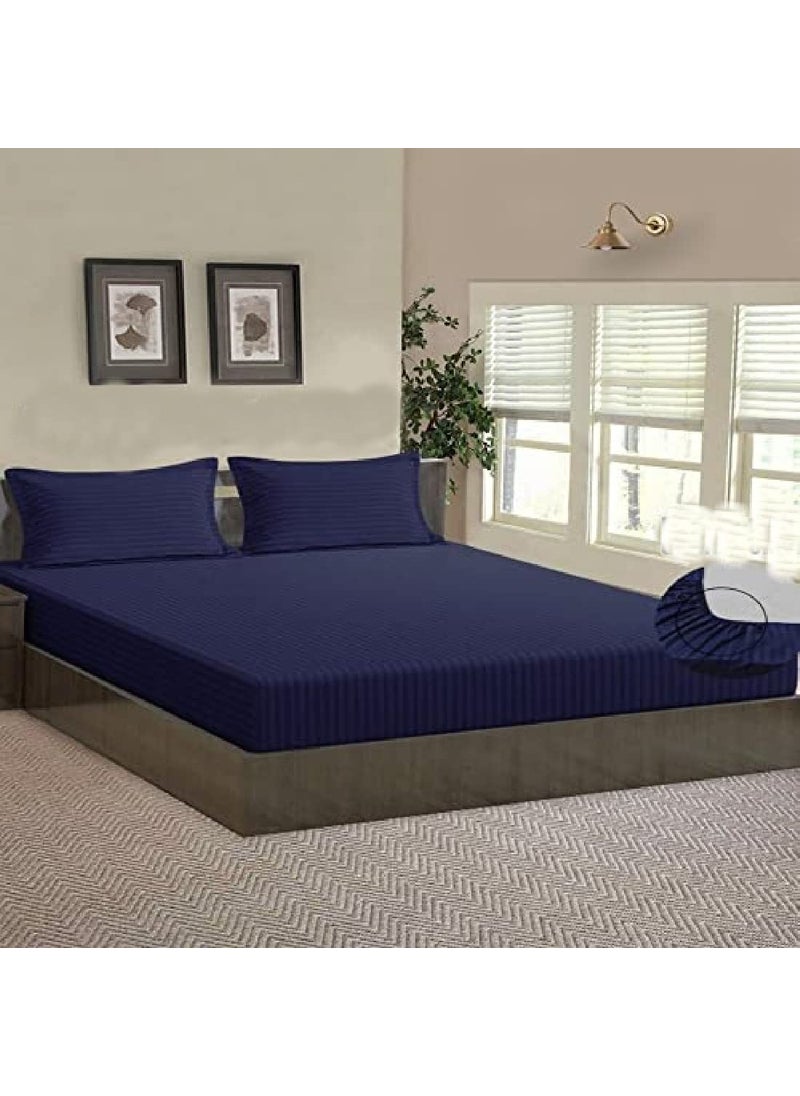 STARNSTYLE Microfiber Premium Elastic Fitted Striped Bedsheet with 2 Pillow Covers 78 x 72 King Size Navy Blue