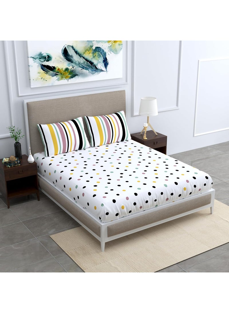 LORETO A QUALITY LINEN BRAND 100 Cotton Bedsheet for Double Bed 1 Double Bedsheet with 2 Pillow Covers 144 TC Queen Size Double Bedsheet Cotton Floral Lemon Drops with Black Polka Dots