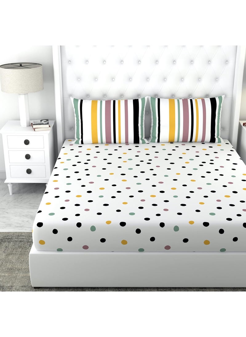 LORETO A QUALITY LINEN BRAND 100 Cotton Bedsheet for Double Bed 1 Double Bedsheet with 2 Pillow Covers 144 TC Queen Size Double Bedsheet Cotton Floral Lemon Drops with Black Polka Dots