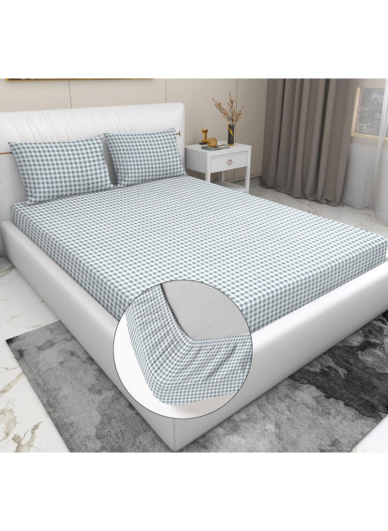 RD TREND Presents Luxurious Glace Cotton Super Soft 210 TC 360 Elastic Fitted Bedsheet King Size 78X72X8 Inch with 2 Pillow Covers Color Color Grey Pattern Check