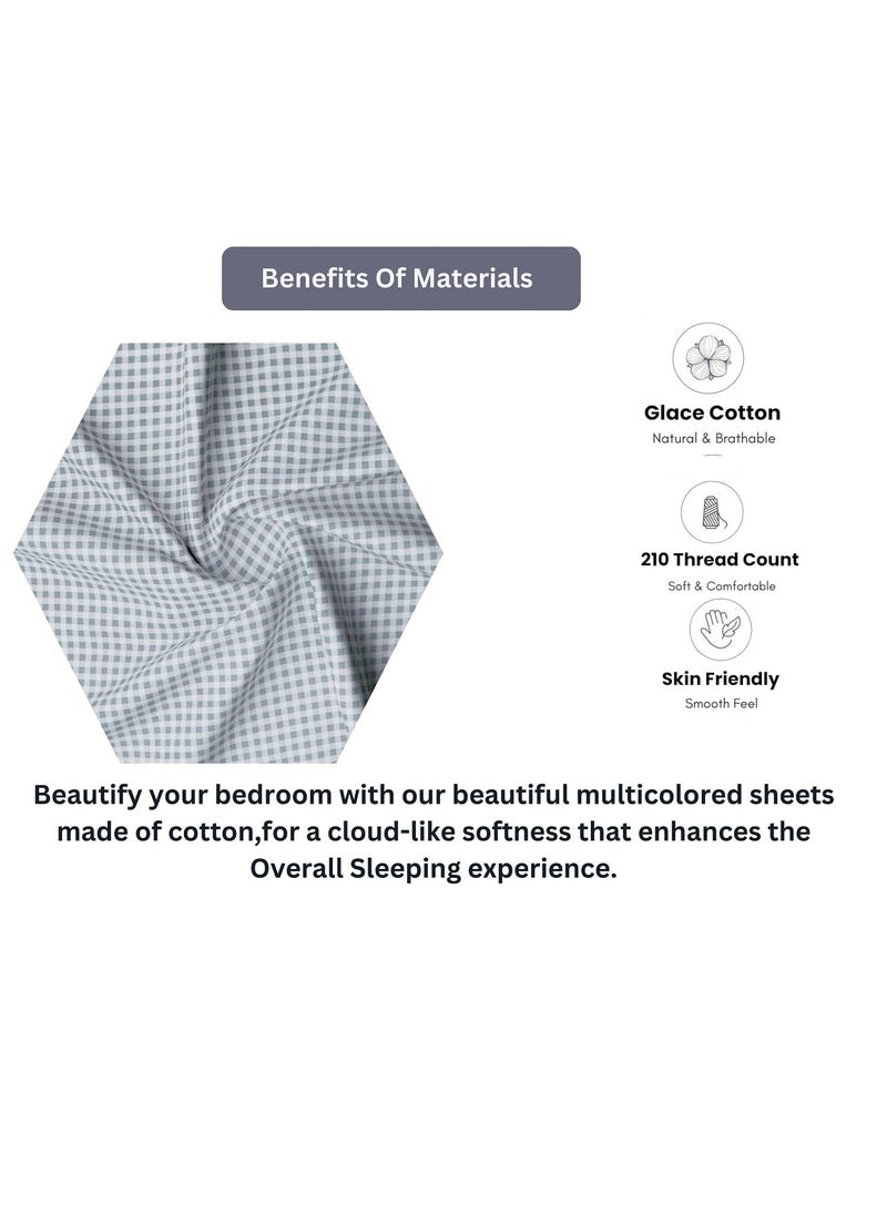 RD TREND Presents Luxurious Glace Cotton Super Soft 210 TC 360 Elastic Fitted Bedsheet King Size 78X72X8 Inch with 2 Pillow Covers Color Color Grey Pattern Check