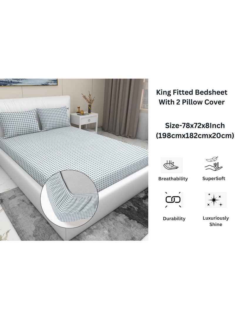 RD TREND Presents Luxurious Glace Cotton Super Soft 210 TC 360 Elastic Fitted Bedsheet King Size 78X72X8 Inch with 2 Pillow Covers Color Color Grey Pattern Check