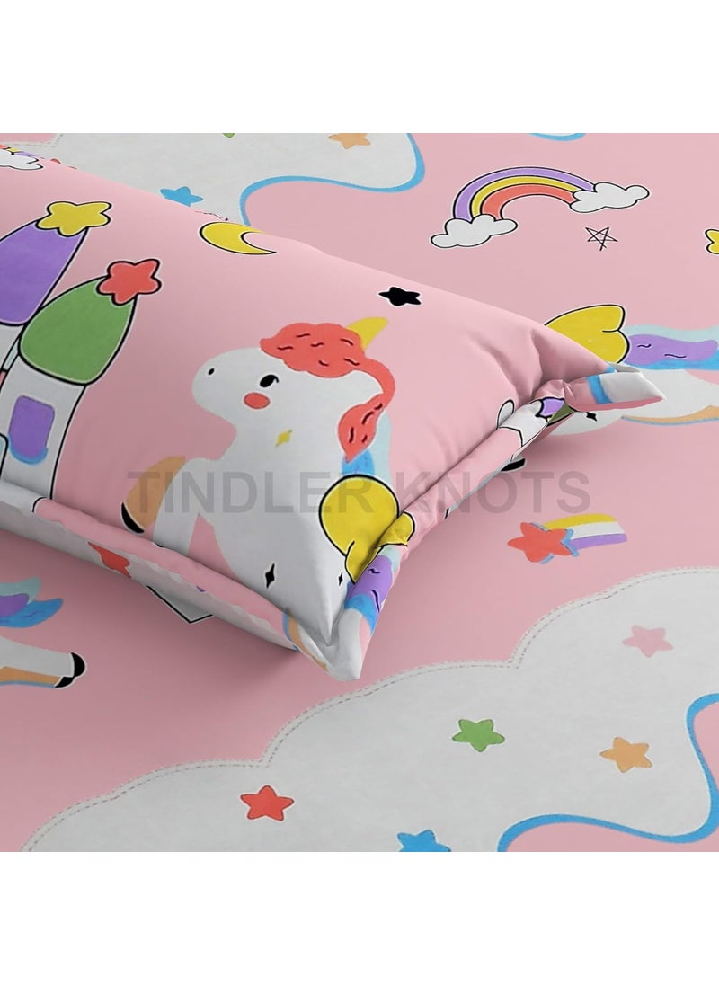 TINDLER KNOTS Glace Cotton Wrinkle Free Soft Hypoallergenic Bed Sheet Cartoon Printed Double Bedsheets King Size for Kids with 2 Pillow Cover Baby Pink Unicorn