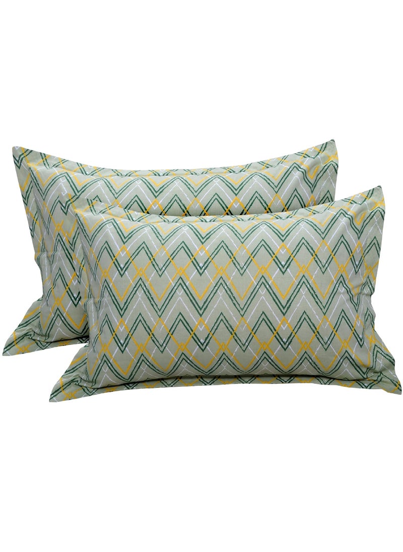 Huesland by Ahmedabad Cotton 144 TC Double Bed Bedsheet Cotton with 2 Pillow Covers Botanical Chevron Green Yellow White