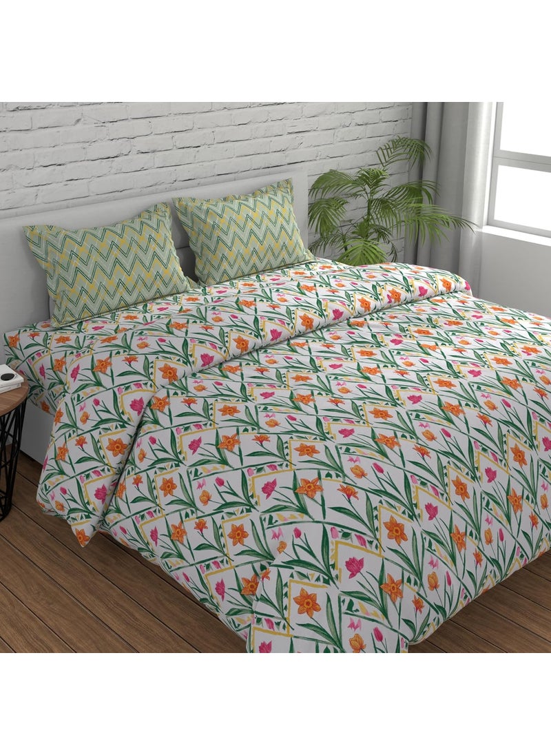 Huesland by Ahmedabad Cotton 144 TC Double Bed Bedsheet Cotton with 2 Pillow Covers Botanical Chevron Green Yellow White