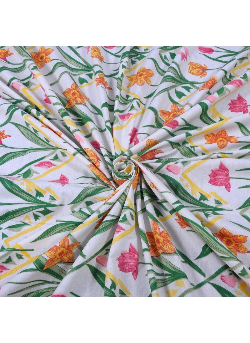 Huesland by Ahmedabad Cotton 144 TC Double Bed Bedsheet Cotton with 2 Pillow Covers Botanical Chevron Green Yellow White