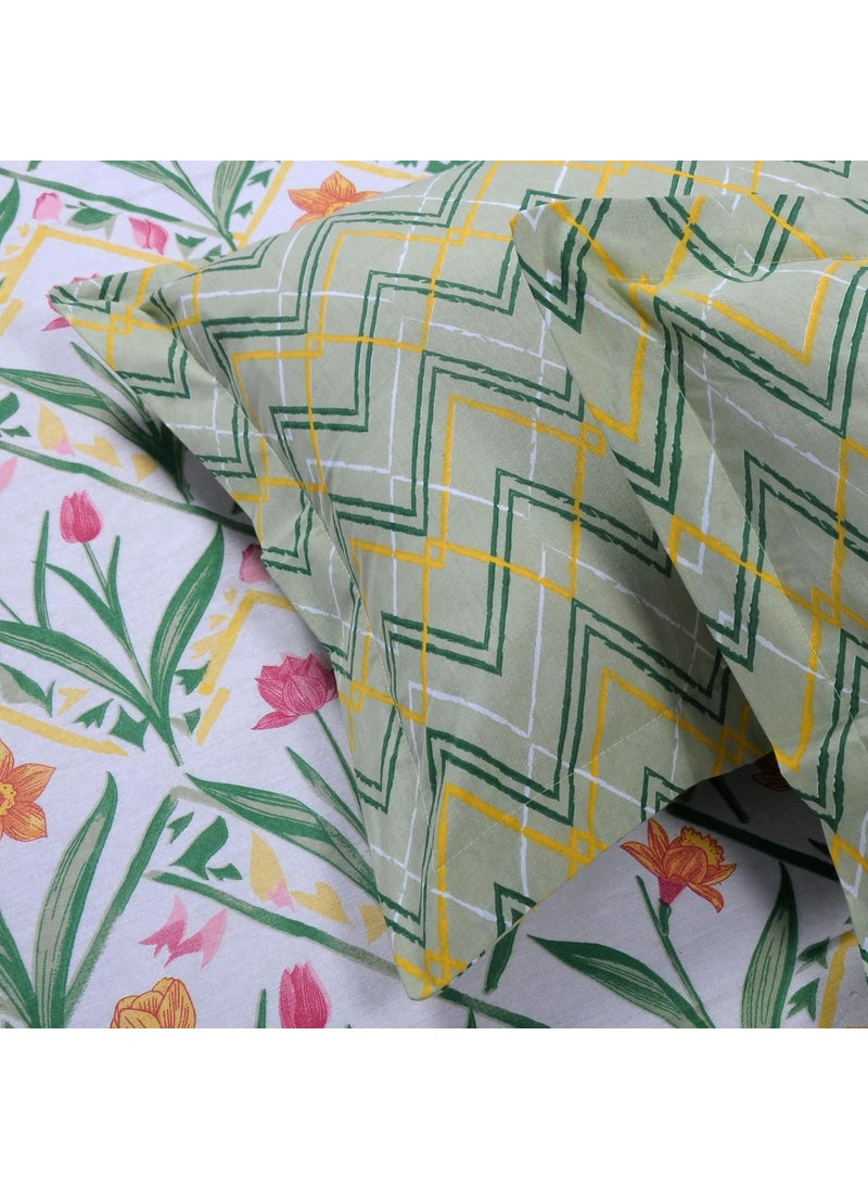 Huesland by Ahmedabad Cotton 144 TC Double Bed Bedsheet Cotton with 2 Pillow Covers Botanical Chevron Green Yellow White