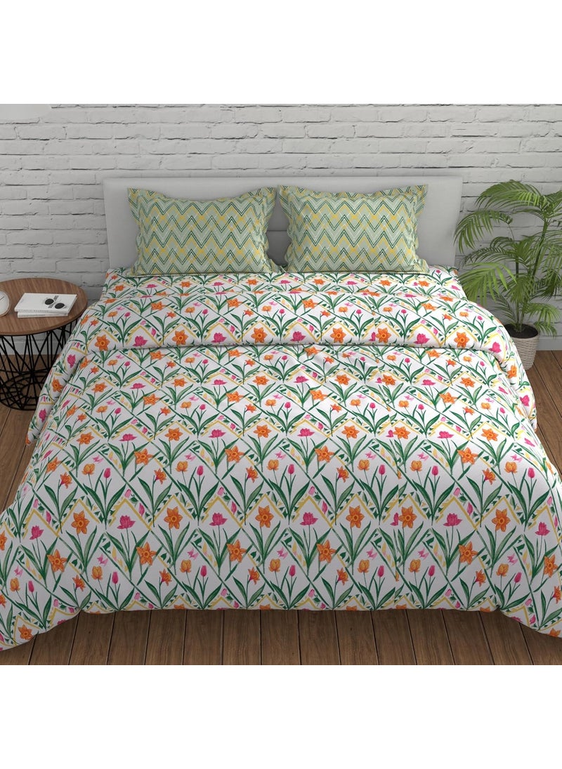 Huesland by Ahmedabad Cotton 144 TC Double Bed Bedsheet Cotton with 2 Pillow Covers Botanical Chevron Green Yellow White