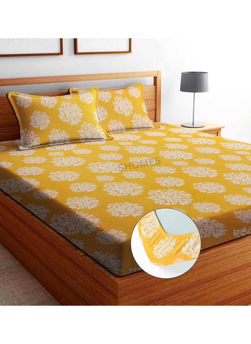 SHOMES Elastic Fitted Bedsheets with 2 King Size Pillow Covers Double Bed with All Around Elastic Size 72 x 78 x 8 Inches Yellow