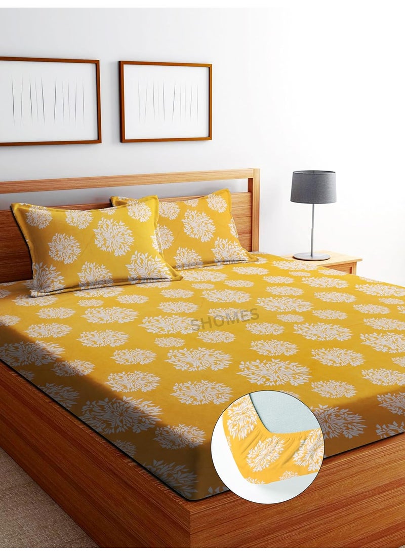 SHOMES Elastic Fitted Bedsheets with 2 King Size Pillow Covers Double Bed with All Around Elastic Size 72 x 78 x 8 Inches Yellow
