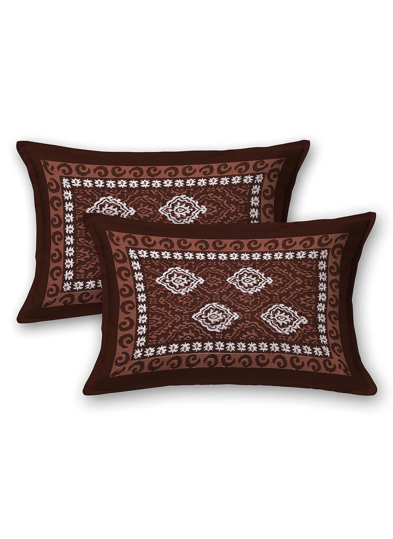 SheetKart Dabu Motif Cotton Double Bedsheet Jaipuri Printed Bed Cover with 2 Pillow Covers Brown