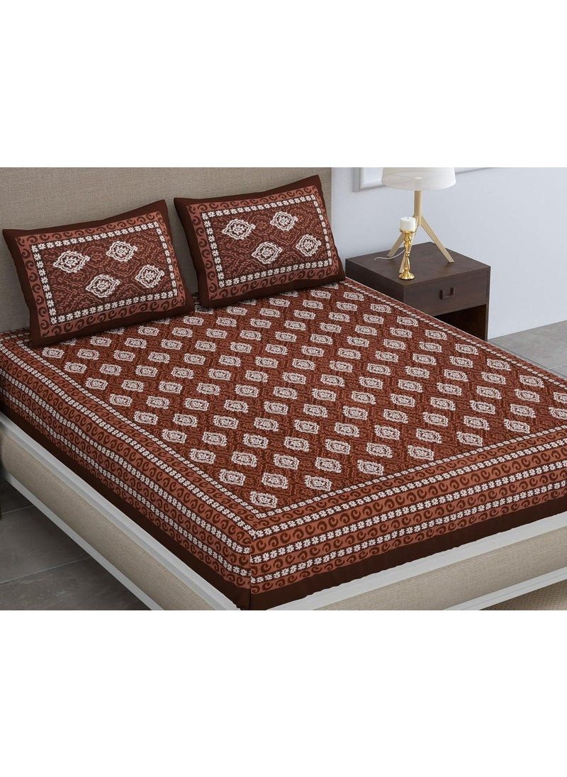SheetKart Dabu Motif Cotton Double Bedsheet Jaipuri Printed Bed Cover with 2 Pillow Covers Brown