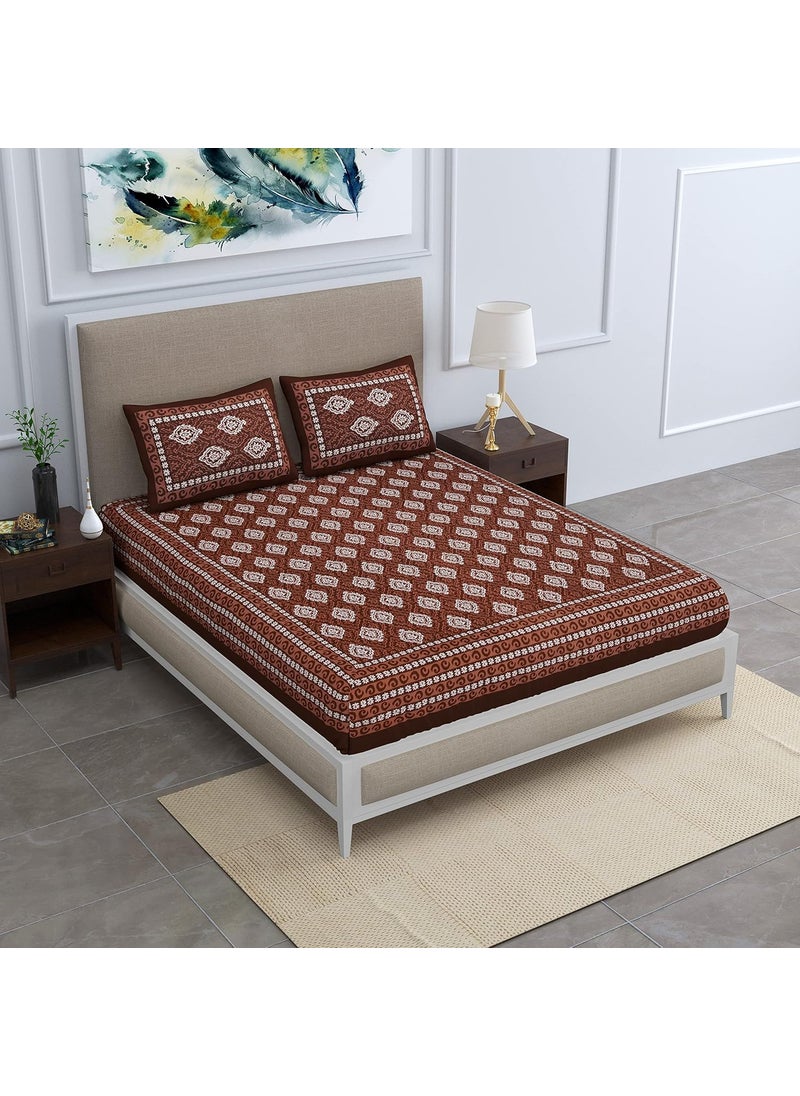 SheetKart Dabu Motif Cotton Double Bedsheet Jaipuri Printed Bed Cover with 2 Pillow Covers Brown
