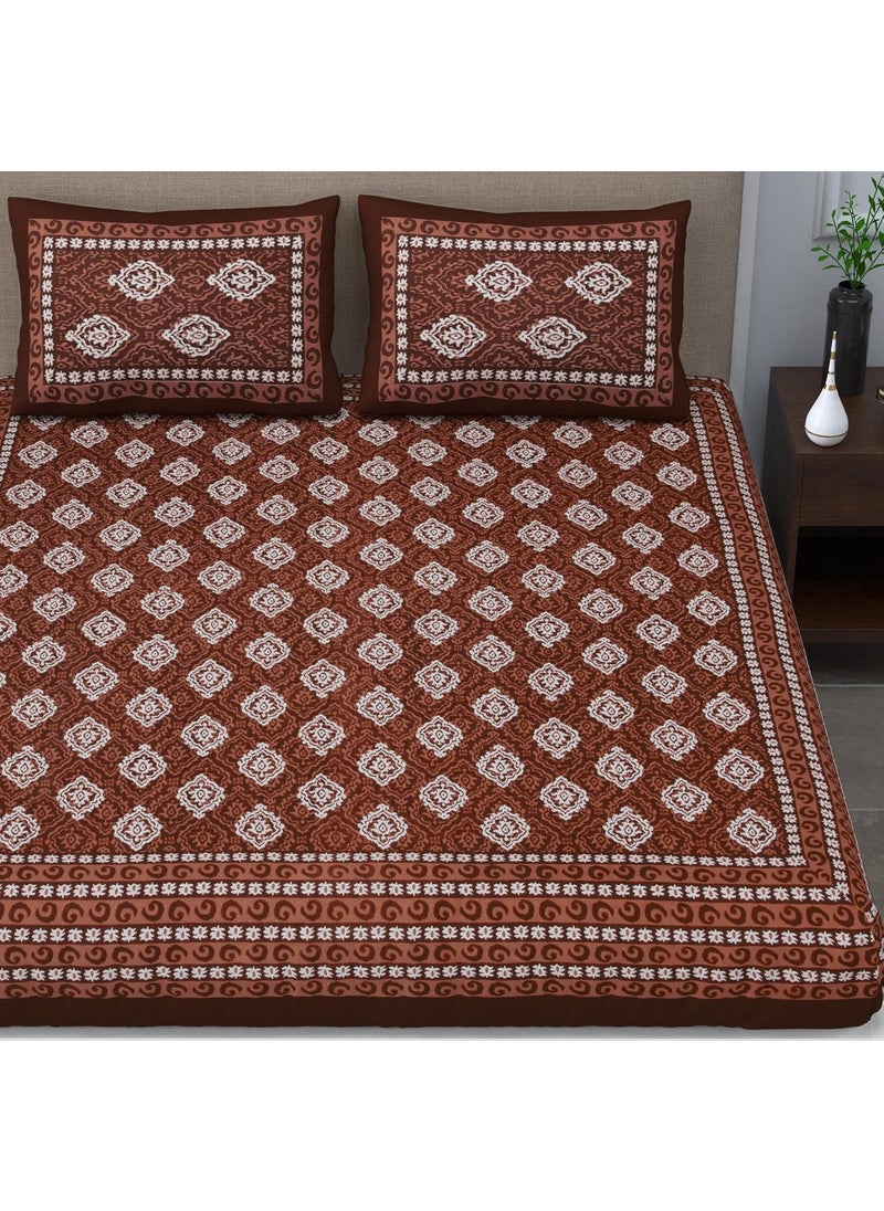 SheetKart Dabu Motif Cotton Double Bedsheet Jaipuri Printed Bed Cover with 2 Pillow Covers Brown