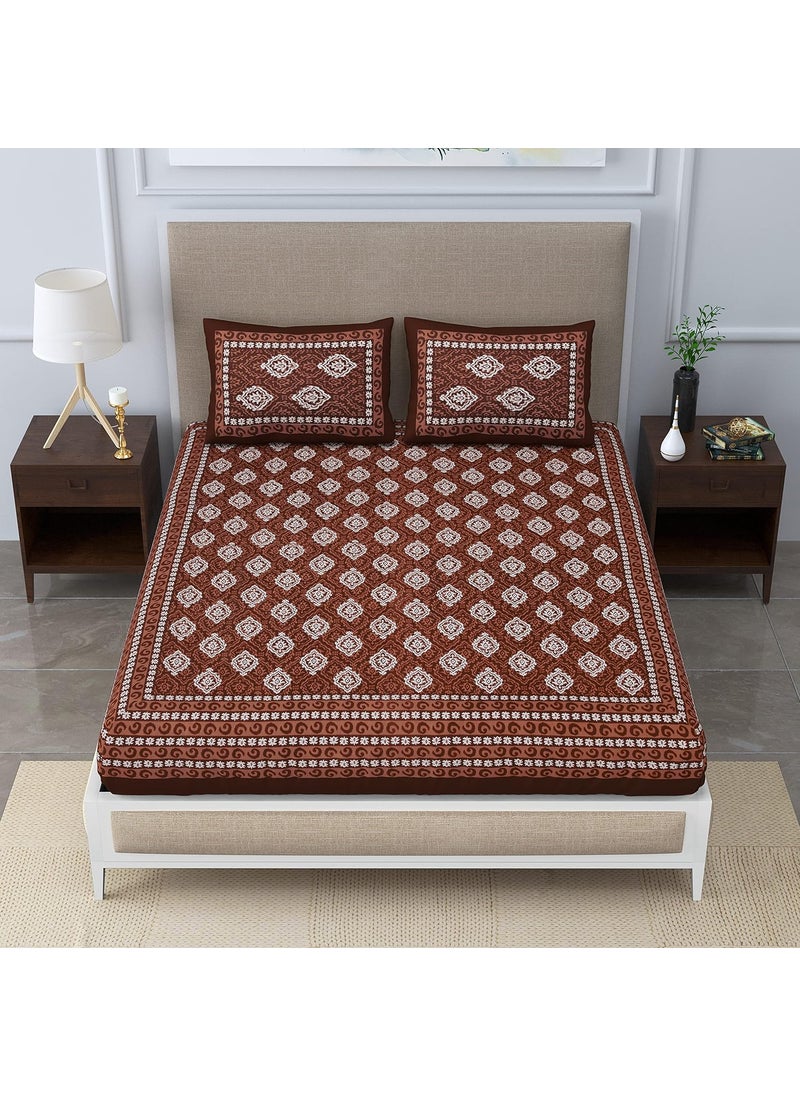 SheetKart Dabu Motif Cotton Double Bedsheet Jaipuri Printed Bed Cover with 2 Pillow Covers Brown