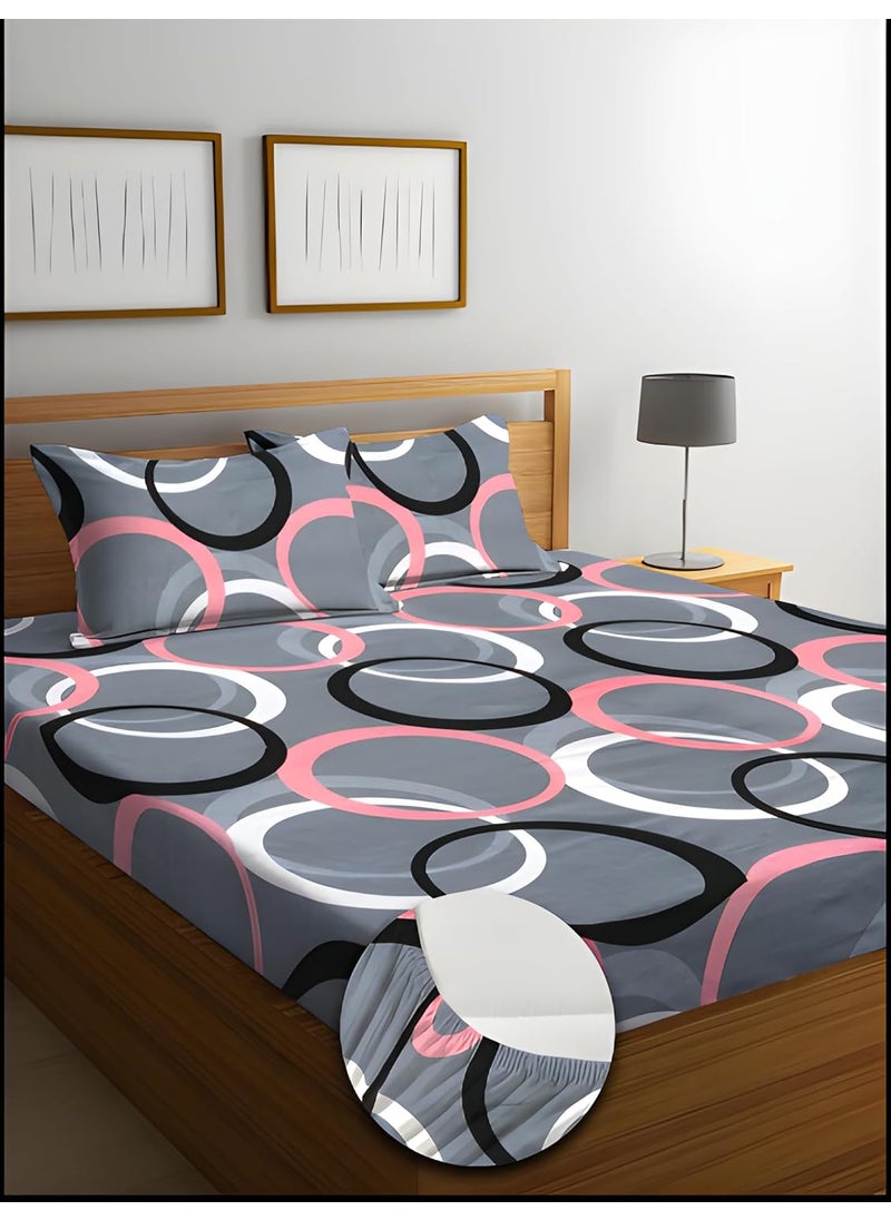 RAREBIRD 100 King Size Glace Cotton Feel 210 Tc All Over Elastic Fitted Size 72x78x8 inch Double Bedsheet with 2 Pillow Covers_ Grey Ring