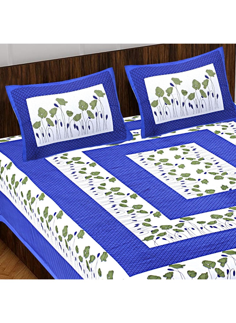 JAIPUR PRINTS 100 Cotton Rajasthani Jaipuri Traditional King Size Double Bed Bedsheet With 2 Pillow Covers Jaipurbed_7 Blue