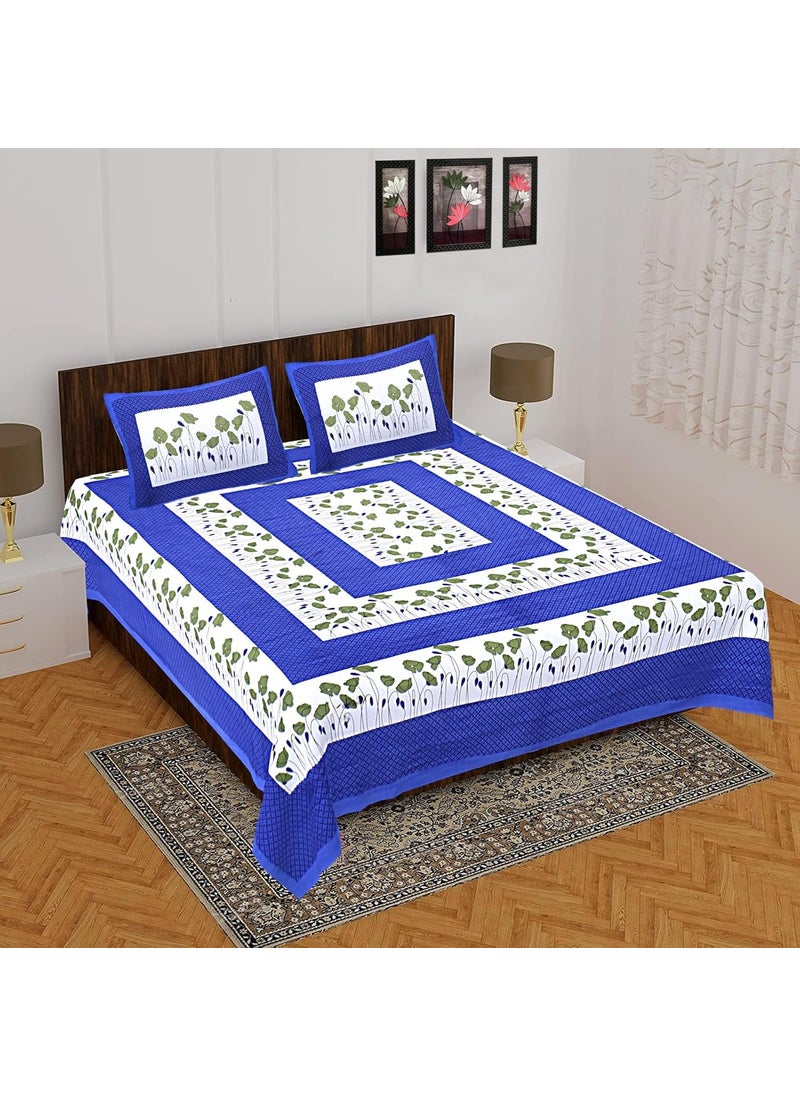 JAIPUR PRINTS 100 Cotton Rajasthani Jaipuri Traditional King Size Double Bed Bedsheet With 2 Pillow Covers Jaipurbed_7 Blue