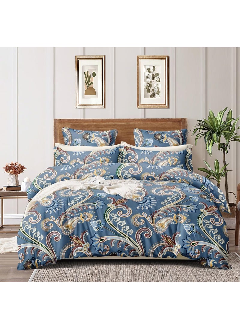 DECOR2ADMIRE 300 TC Soft Glace Cotton Queen Size Abstract Printed Premium Double Bedsheet with Two King Size Pillow Covers for Home 90 Inches x 100 Inches Blue Floral