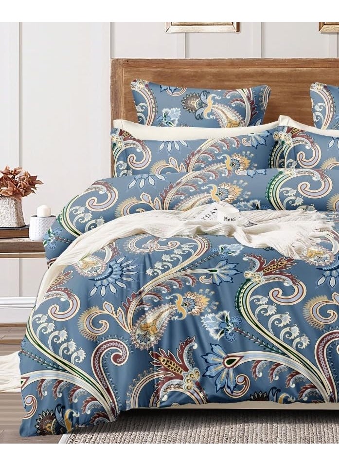 DECOR2ADMIRE 300 TC Soft Glace Cotton Queen Size Abstract Printed Premium Double Bedsheet with Two King Size Pillow Covers for Home 90 Inches x 100 Inches Blue Floral