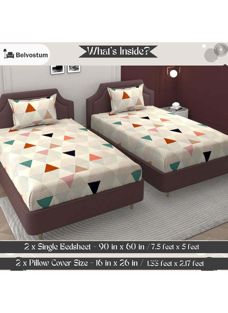 BELVOSTUM 250TC Soft Microfiber Printed Bedsheet for Single Bed Single Bed Sheet or Bed Cover Single Bed Single Bedsheet with 1 Pillow Cover Size 90in x 60in Pack of 2 Multicolor Triangle