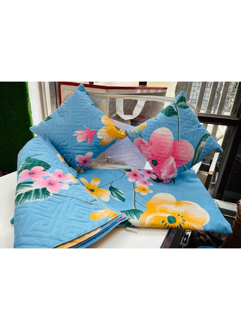 MORADO Premium Glace Cotton 160 TC Double Bed King Size Bedsheet with 2 Quilted Pillow Covers and 2 Quilted Filled Cushions 90X100 Inches Set of 5 Pieces Bright Blue