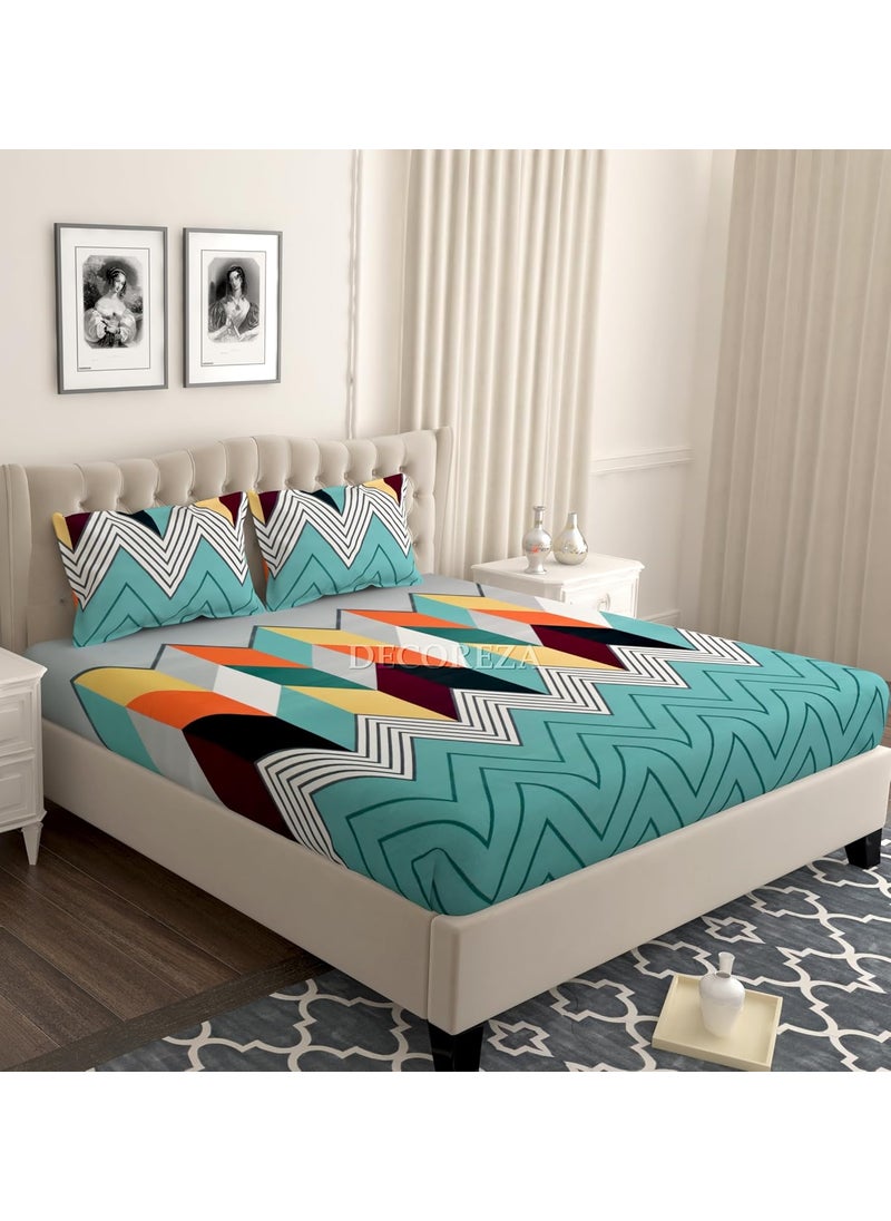 DECOREZA Cotton Around 72 x 72 Elastic Premium Fitted Bedsheets Elastic Fitted Bedsheets Double Size Bedsheet for Double Bed Elastic Fitted with 2 Pillow Covers Size 72 x 72 Green Waves