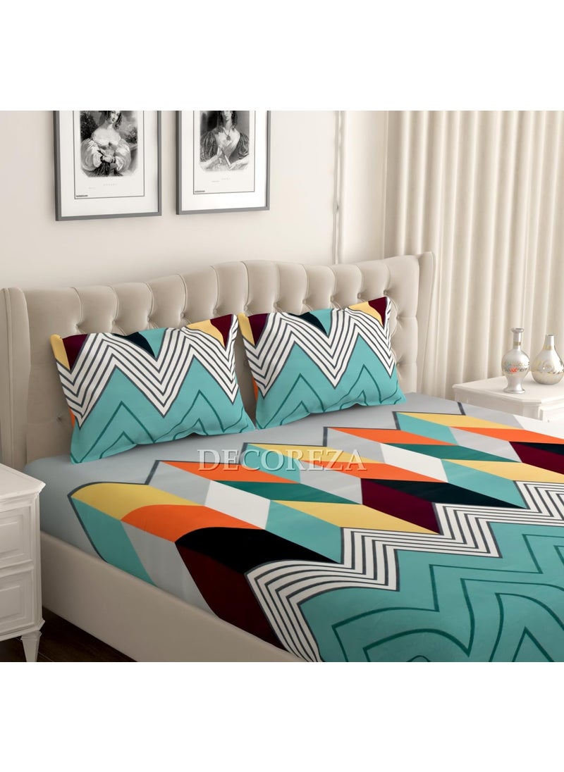DECOREZA Cotton Around 72 x 72 Elastic Premium Fitted Bedsheets Elastic Fitted Bedsheets Double Size Bedsheet for Double Bed Elastic Fitted with 2 Pillow Covers Size 72 x 72 Green Waves