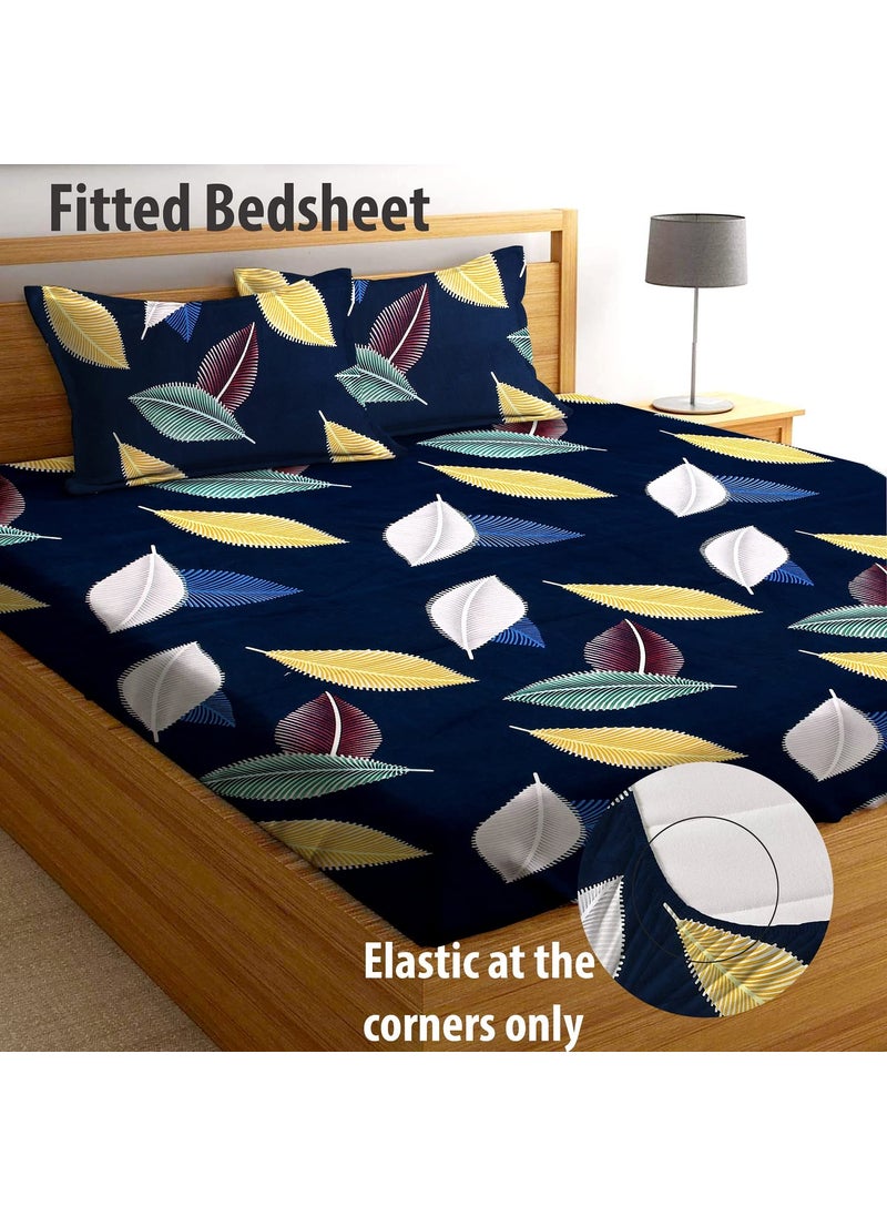 AEROHAVEN 180TC Glace Cotton Abstract Fitted Double Queen Bedsheet with 2 King Size Pillow Covers 72 x 78 GCB23 Blue