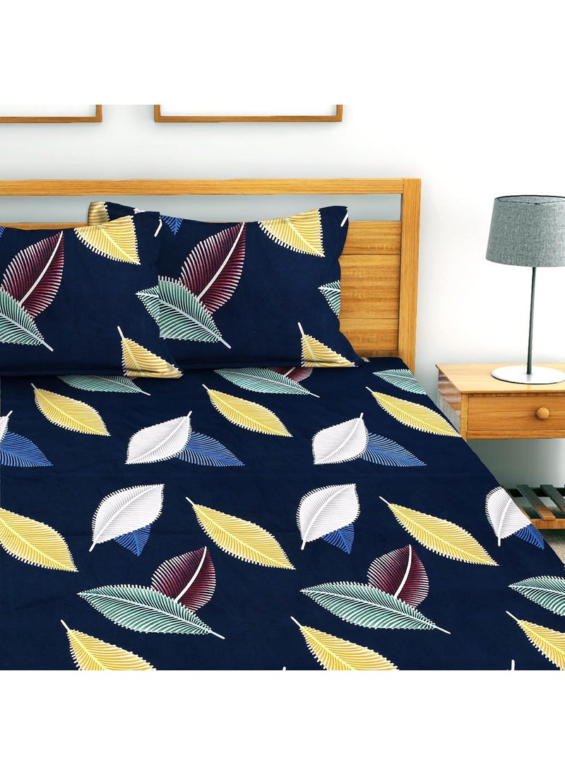 AEROHAVEN 180TC Glace Cotton Abstract Fitted Double Queen Bedsheet with 2 King Size Pillow Covers 72 x 78 GCB23 Blue