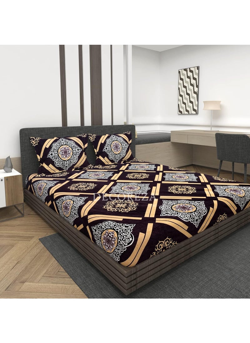 DECOREZA 210 TC Cotton Feel All Around Elastic Fitted Queen Size Double Bed Bedsheet with 2 Large Pillow Covers Fits Upto Mattress of 8 InchesSize 60 x 78 x 8 Inches Brown Geomatric