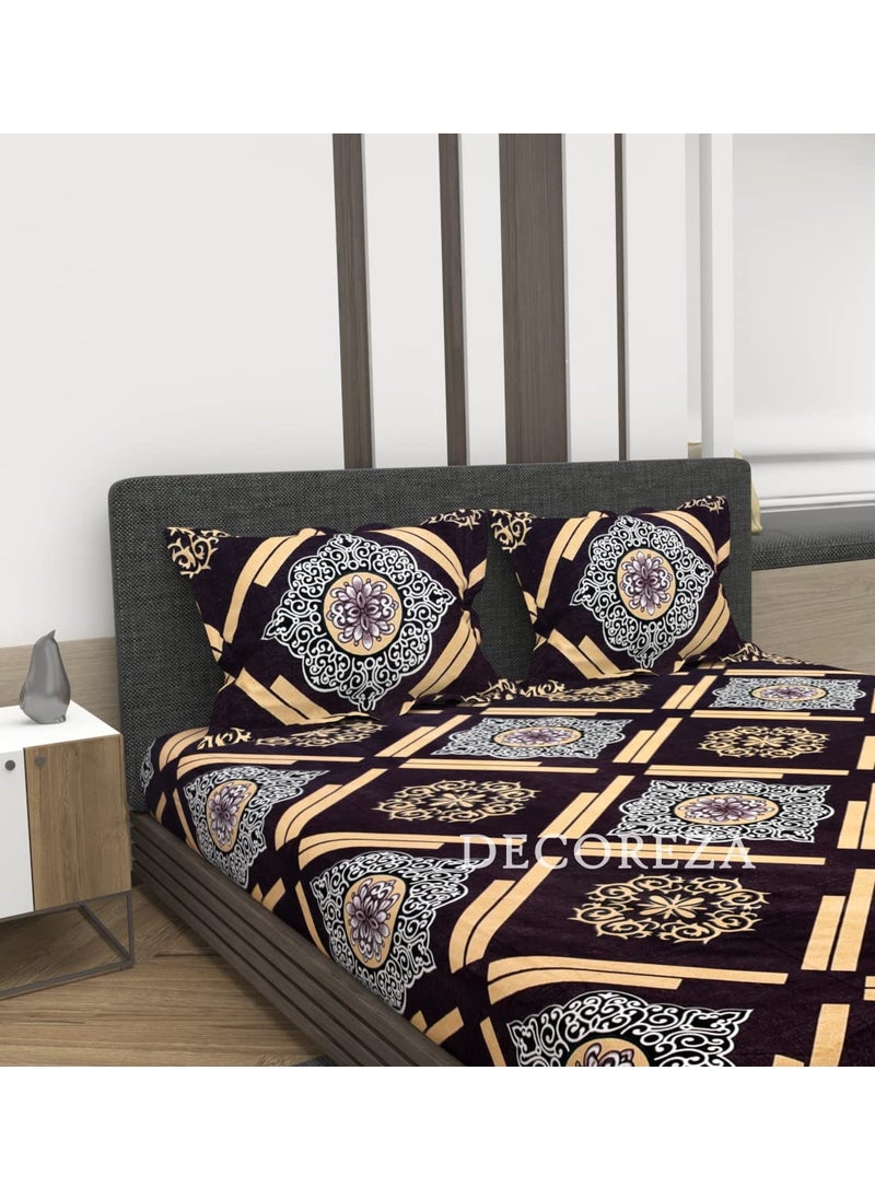 DECOREZA 210 TC Cotton Feel All Around Elastic Fitted Queen Size Double Bed Bedsheet with 2 Large Pillow Covers Fits Upto Mattress of 8 InchesSize 60 x 78 x 8 Inches Brown Geomatric