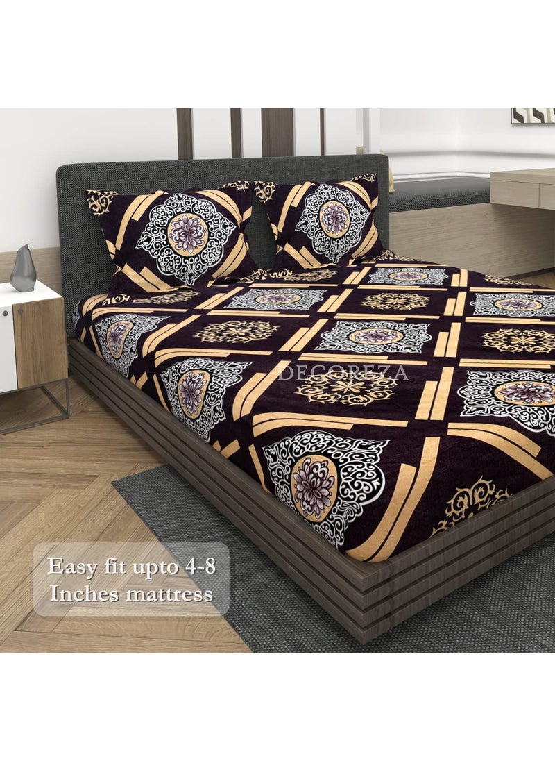 DECOREZA 210 TC Cotton Feel All Around Elastic Fitted Queen Size Double Bed Bedsheet with 2 Large Pillow Covers Fits Upto Mattress of 8 InchesSize 60 x 78 x 8 Inches Brown Geomatric