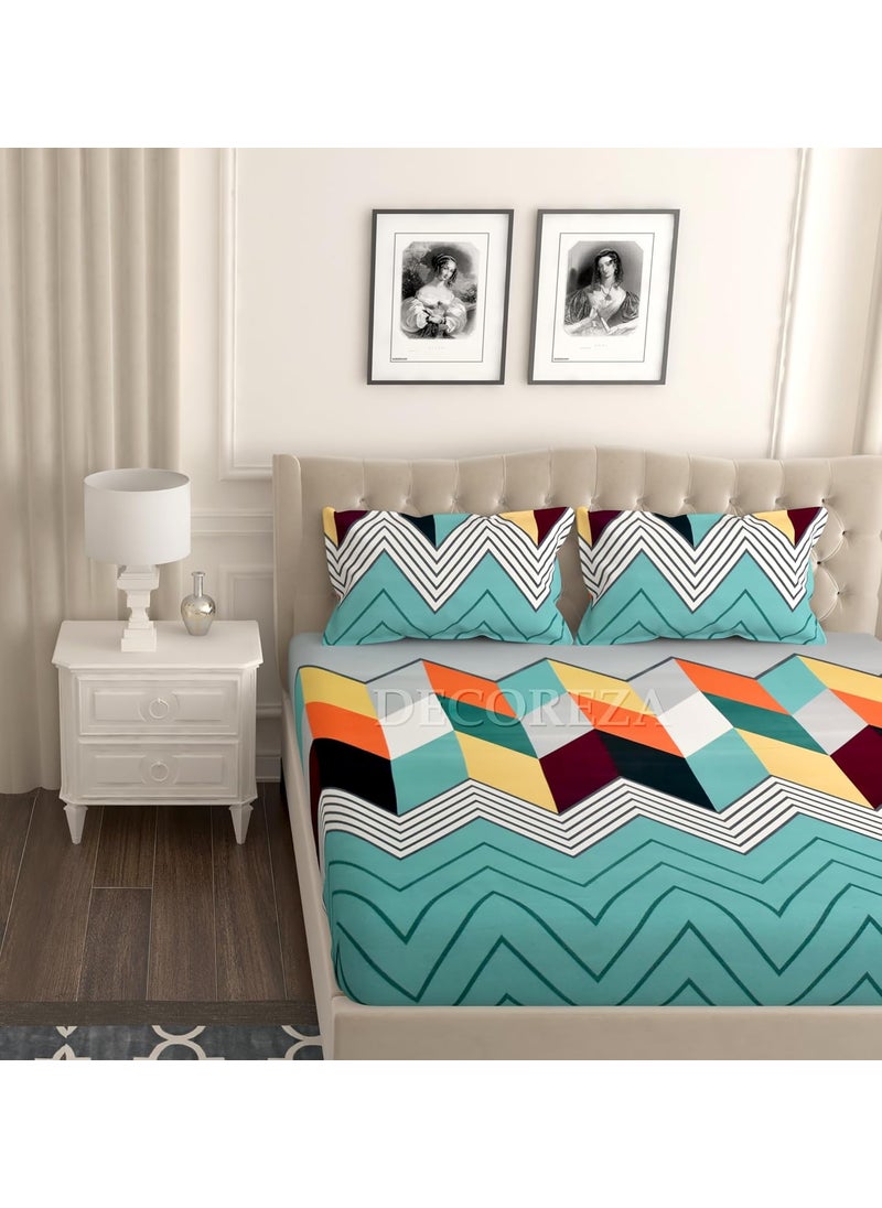 DECOREZA Cotton Feel All Around 60 x 78 Premium Elastic Fitted Bedsheets Elastic Fitted Bedsheets Queen Size Bedsheet for Double Bed with 2 Pillow Covers Green Waves