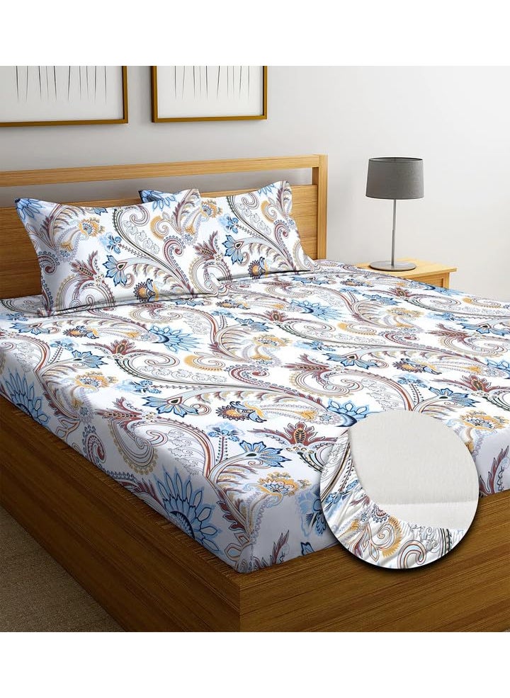 SJH DECOR Premium Cotton 220 TC Elastic Fitted Bedsheets with 2 Pillow Covers King Bed with All Around Rubber Wrinklefree Supersoft Breathable Size78 x7210 inches Print Floral White and Blue