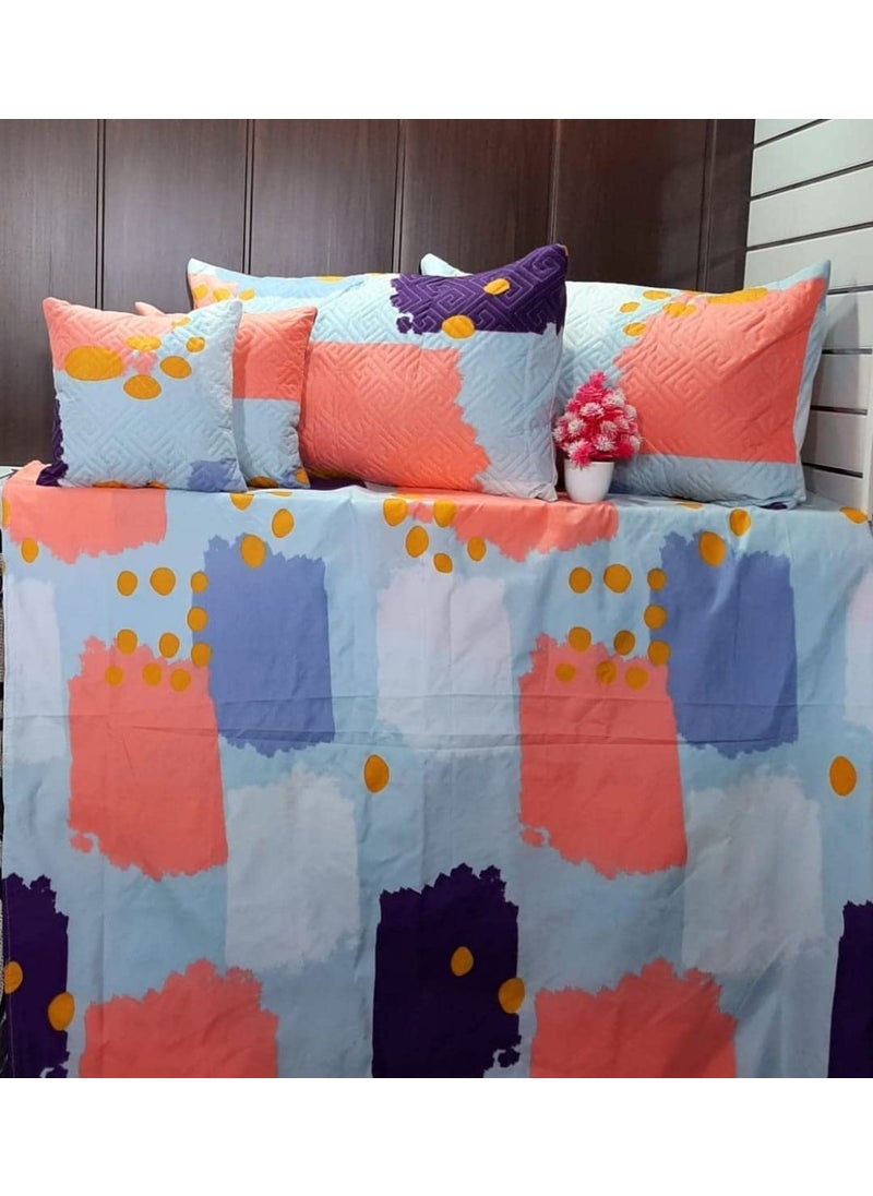 MORADO Premium Glace Cotton 160 TC Double Bed King Size Bedsheet with 2 Quilted Pillow Covers and 2 Quilted Filled Cushions 90 x 100 Inches Set of 5 Pieces Multi Color