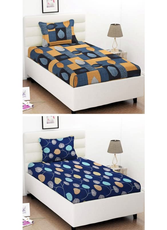 VAS COLLECTIONS Prime Combo Pack of 2 Single Bedsheet with 2 Pillow Covers 160 TC Soft Brushed Glace Cotton Long Lasting Wrinkle Free 228X152 Cm Or 5x75 FtGrey Royal Blue