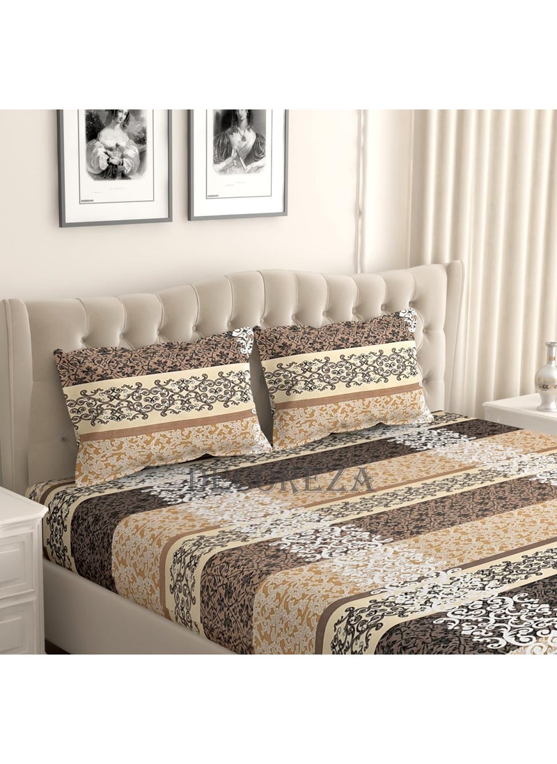 DECOREZA 60x78 Cotton Feel All Around Elastic Premium Fitted Bedsheets Elastic Fitted Bedsheets Queen Size Bedsheet for Double Bed with 2 Pillow Covers Size 60 x 78 x 8 Beige Damask